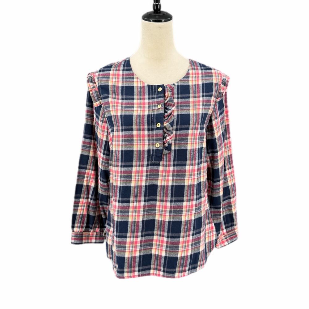Anthropologie Isabella Sinclair Pink Navy 100% Cotton Ruffle Plaid Academia Top - Picture 3 of 13